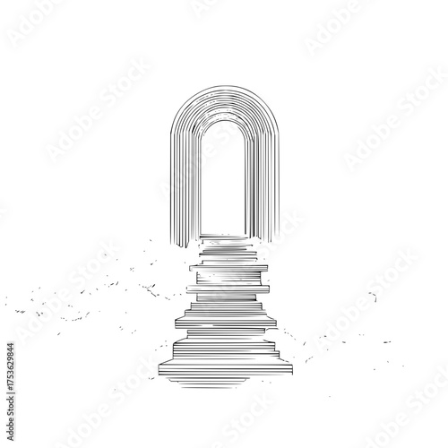 Illustration of a staircase leading to a multi arched doorway on a white background in black and white