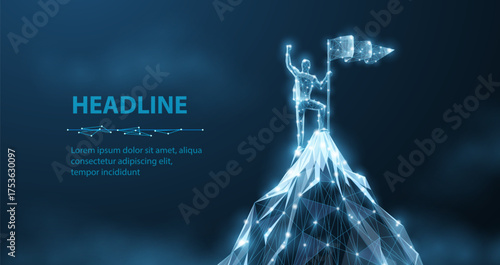 Man stands on the top of digital mountain. Company leader, Achieve victory, Challenge triumph, Technology winner, Business growth, Leadership concept, Entrepreneurial success, Digital success concept
