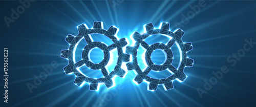 Two digital gears. Synergy partnership, Industry teamwork, Team innovation, Solve technology, Technical alliance, Partner engineering, Dream teamwork, AI collaboration, partnership concept

