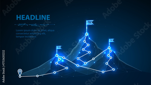 Digital mountain route. Digital technology transformation, overcoming difficulty, achieve business goals, striving for career growth and achievement, strategic plan to reach aims, success concept

