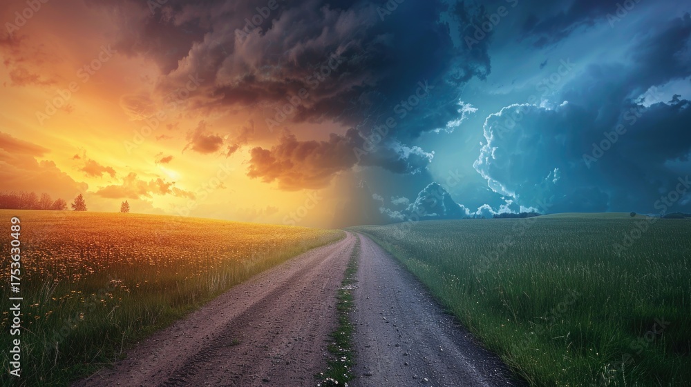 Naklejka premium Dream with Dramatic landscape with divided sky at sunset and stormy clouds over country road