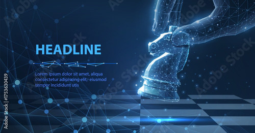 Chess knight. Digital hand with knight on digital background. Business strategy, marketing solution, strategic vision, innovate technology concept. Success management, challenge and competition symbol