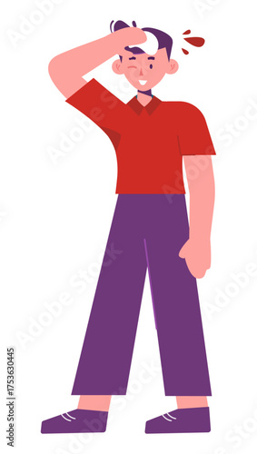 Illustration of a cartoon character expressing confusion and uncertainty, wiping forehead.