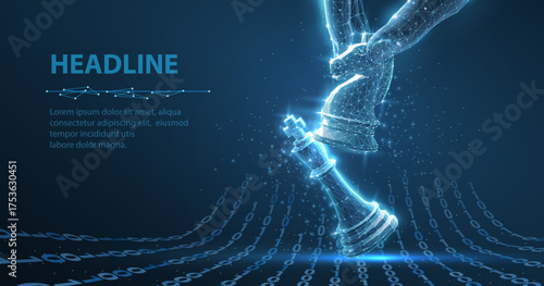 Chess knight in digital hand beats the kind. Win of AI, chess strategy, digital manager, business competition, innovation challenge, AI assistant, political checkmate, technological success concept.

