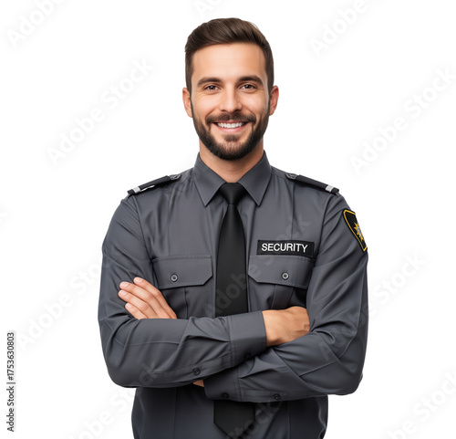 Mall security officer providing professional surveillance and visitor safety control for retail center advertising materials and private security company promotion