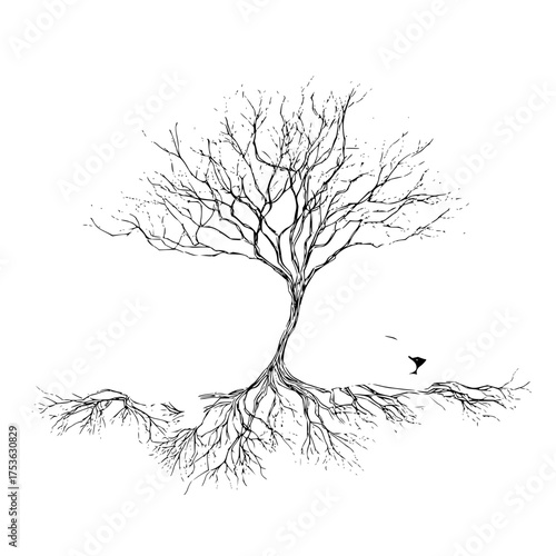 A detailed black and white drawing of a bare tree with intricate roots and a small bird in the distance