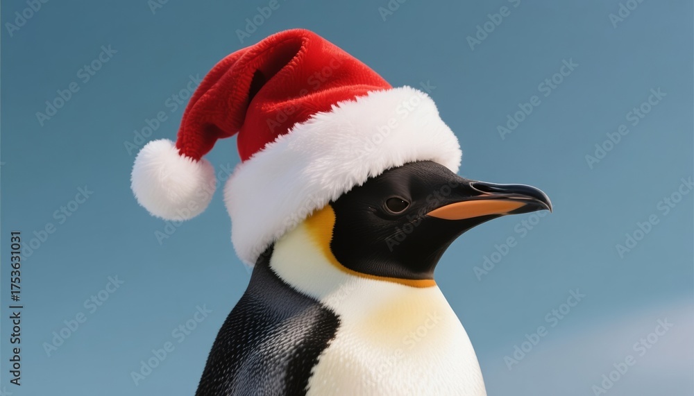 Naklejka premium Penguin wearing Santa hat against blue background for Christmas 