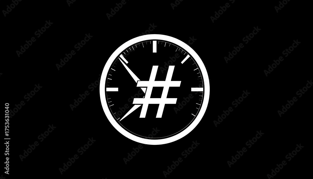 Fototapeta premium A stark monochrome composition with a circular clock framing a centered hashtag symbol. The clock hands appear frozen, positioned at a quarter past eleven