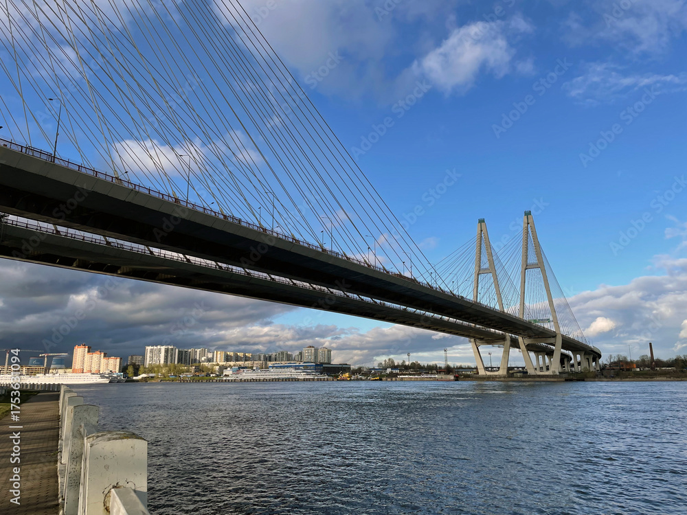 Naklejka premium View of the Neva River and Great Obukhovo Bridge