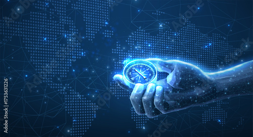 Compass in digital hand. business strategic explorer, Vision crisis, Mission path, Agency creative, Digital strategy, Market decision, Achievement strategy, Financial stock, Company vision concepts

