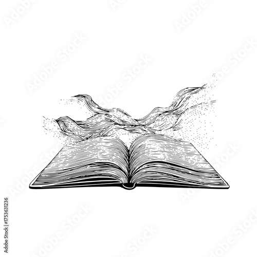 Open book with flowing lines emanating upwards in a black and white illustration style drawing design
