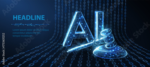 AI and law. Symbolizing the judicial law system and artificial intelligence, this image represents the intersection of jurisprudence and the prohibition or ban of AI. Abstract 3d digital concept

