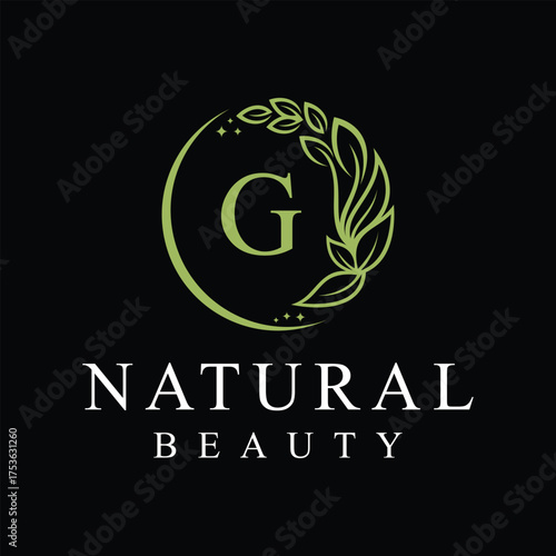 Initial letter g cosmetics beauty fashion logo design, green leaves natural logo graphics concept