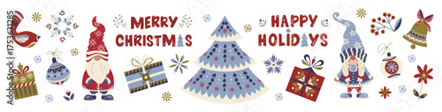 Festive Scandinavian folk Christmas set with cute gnomes, decorated tree, gifts and ornaments. Rustic winter illustrations for holiday card, banner, poster and festive home decor Decorative lettering
