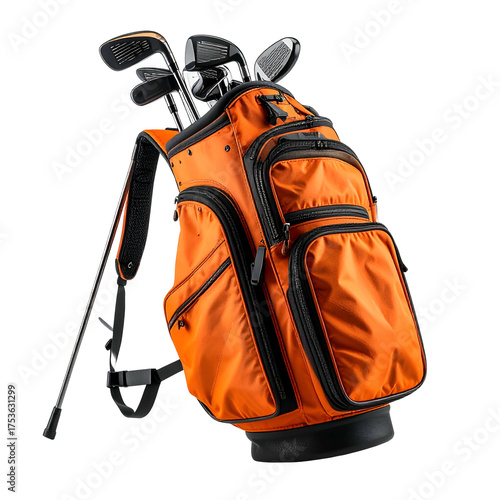 Vibrant orange golf bag filled with clubs, standing, with a black background