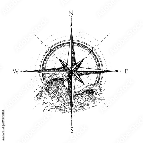 Detailed compass rose with ocean waves illustration in black and white nautical navigation symbol design
