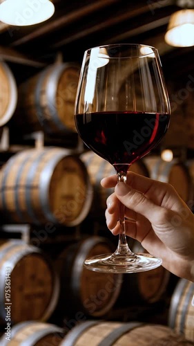 Vertical screen. Hand gently raises glass of red wine in cozy winery cellar lined with oak barrels. Craftsmanship of winemaking. Luxury branding, sommelier visuals, vineyards or wine culture