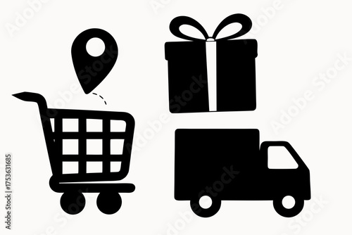 Illustration of a shopping cart with location pin, gift box, and delivery truck in black silhouette
