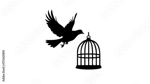 Silhouette of a bird flying away from an open birdcage against a plain white background in a simple design