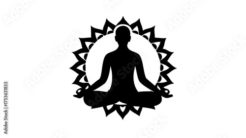 Silhouette of a person meditating in lotus position surrounded by a decorative floral mandala design
