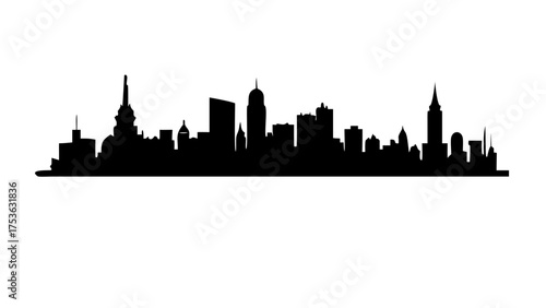 Silhouette of a city skyline with various buildings and structures against a white background view scene