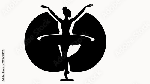 Silhouette of a ballerina in a tutu with arms raised against a circular background in black and white style