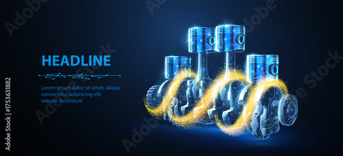 Engine pistons and oil. Car part, Motorbike drive, Lubricant motorcycle, Automotive industry, Engine Mechanic tool, Auto crankshaft, motor oil concept. Abstract 3d illustration.

