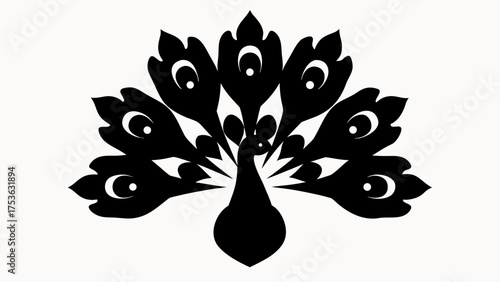 Stylized black and white peacock illustration with feather eye spots and elegant plume display design art