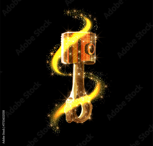 One piston and oil splash on black. Motor oil, Car engine, Motorcycle part, Pistons industry, Technical innovation, Auto mechanic, Crankshaft rod, Lubricant additive concept. Abstract 3d illustration.