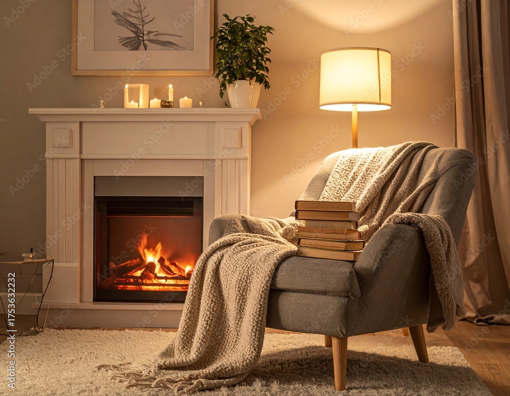 Fototapeta premium A cozy armchair draped with a warm blanket sits beside a glowing fireplace with books stacked on its arm, creating a serene and inviting atmosphere for relaxation.