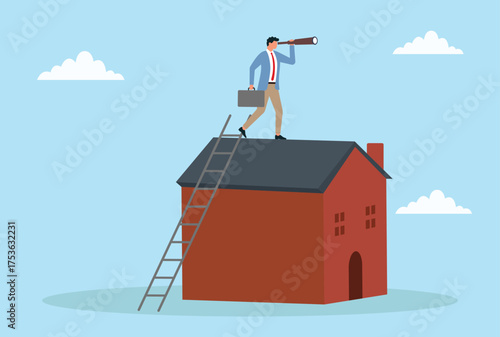 Vector illustration of a businessman standing on a house rooftop with a telescope, symbolizing real estate market exploration, future property opportunities, and investment vision
