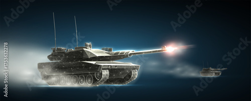 Tanks on the battlefield. Army battle, Armored vehicle,Tank fire, Military technology,Machine guns, Artillery support, Combat vehicle,Troops invasion, War weaponry concept.

