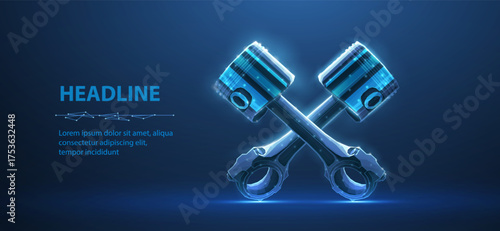 Two piston in cross form on blue. Engine piston, Cylinder additive, Spare rod, Motorcycle motor, Crankshaft technology, Industry innovation, Auto mechanic, Car concept

