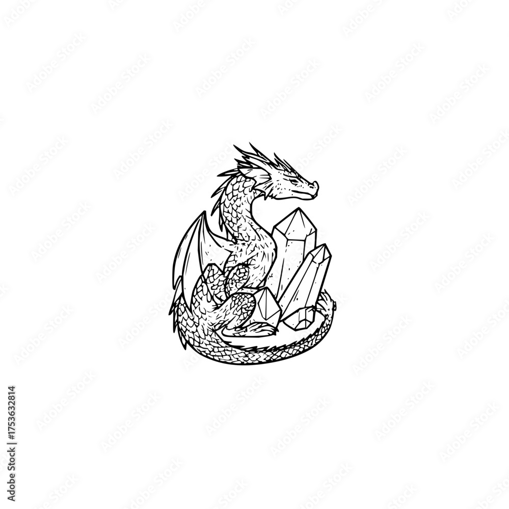 Fototapeta premium Detailed line art drawing of a dragon curled around three crystals with intricate scale and wing details