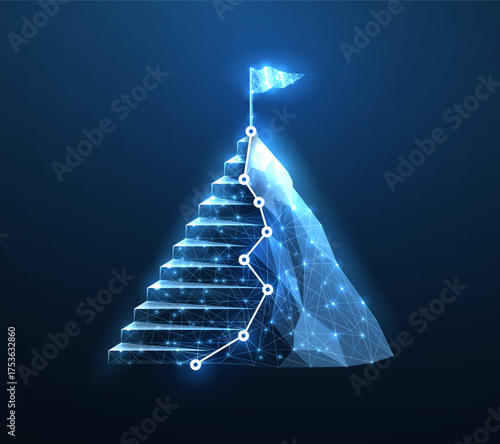 Digital mountain and ladder. Tech goal chart, leadership path, digital technology success, startup achieve, career ladder, business plan, achievement symbol, mission vision, achieve concept

