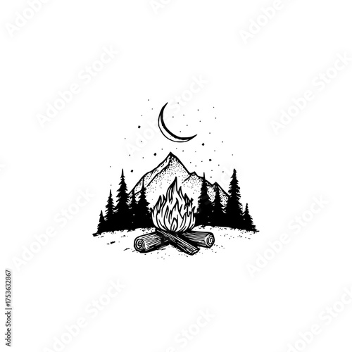 A monochrome illustration depicting a campfire scene with mountains trees and a crescent moon at night