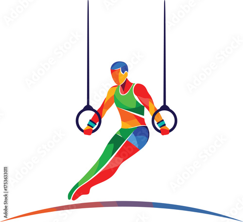 Abstract gymnast on still rings, colorful geometric vector, athletic strength pose, dynamic sports illustration, suspended motion, fitness performance concept art