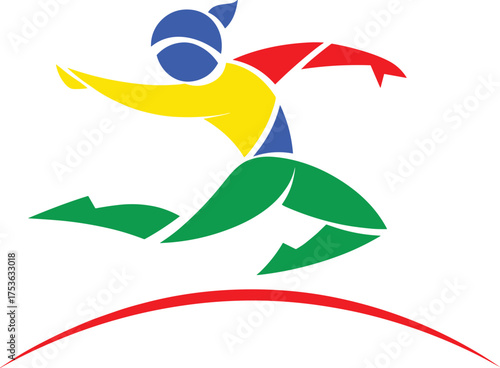 Abstract athlete jumping with colorful shapes, dynamic sports vector illustration, motion energy, hurdling pose, vibrant design, fitness movement concept art