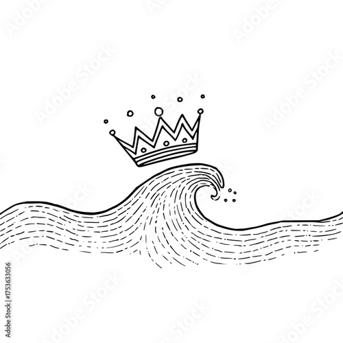 Hand drawn illustration of a crown hovering above a wave with small water droplets in black and white style
