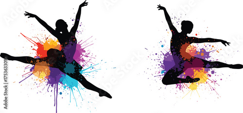 Ballet dancer silhouettes with colorful paint splashes, dynamic leap poses, expressive movement, artistic vector illustration, dance energy, abstract performance art