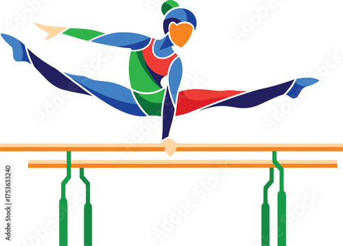 Gymnast on balance beam in colorful split leap pose, abstract vector illustration, dynamic motion, athletic energy, fitness performance art