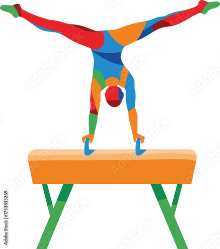 Gymnast on pommel horse in colorful handstand pose, abstract vector illustration, athletic balance, dynamic sports energy, fitness performance art