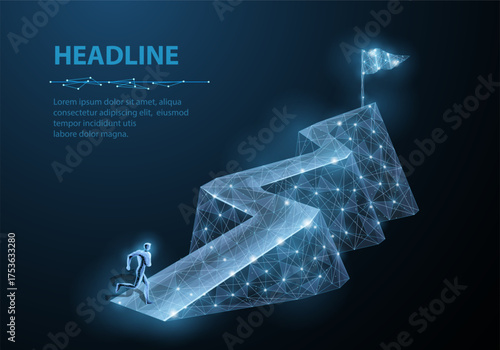 Man runs up the digital mountain or way to top. Growth opportunity, Dream career, Goal achievement, Leadership success , Ambition rise, Financial success, Competition strategy, mountain concept

