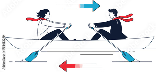 Opposing rowers in boat, teamwork conflict concept, vector illustration of motion forces, red scarves, arrows, coordination failure, metaphor art