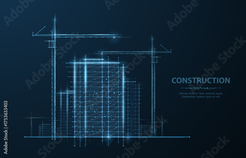 Digital construction site sketch. Building 3D Printing, Building Information Modeling, Industrial background, Build project, Architect plan, City work, Urban development, Modular Construction concept.