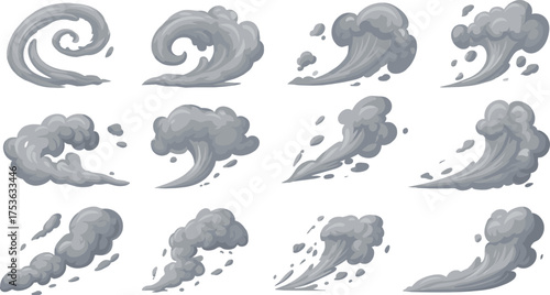 Smoke and cloud vector set, dynamic atmospheric effects, magical steam illustrations, gray swirling shapes, animation design elements, fantasy environment clipart