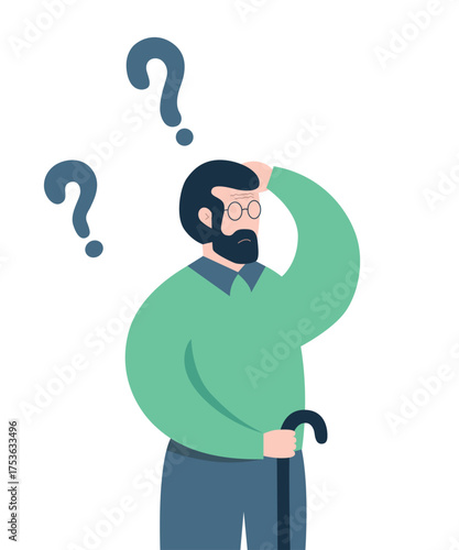 Worried man thinking or solving problem, pensive person in doubts.