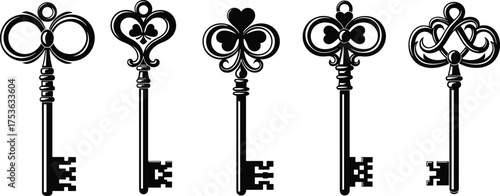 Vintage ornate keys with playing card symbols, club heart spade designs, fantasy mystery vector illustration, black silhouette, antique style art