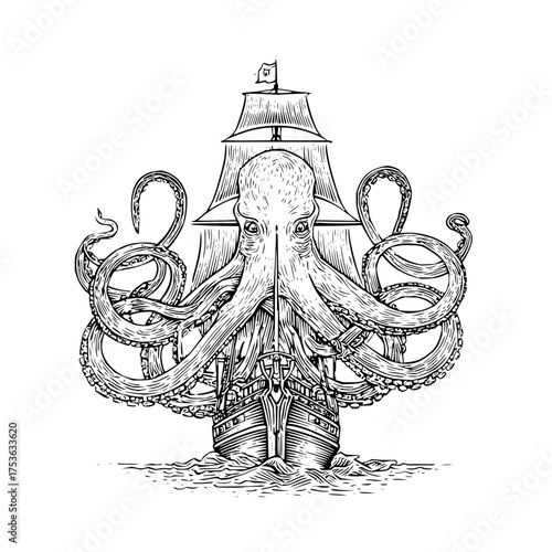 Illustration of a ship being attacked by a giant octopus with detailed tentacles and ocean waves art 100