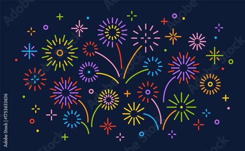Happy New year firework poster, line salute in night sky background. Vector illustration. Holiday anniversary pattern. Winner sparkle backdrop, simple confetti icon. Diwali celebrate banner design